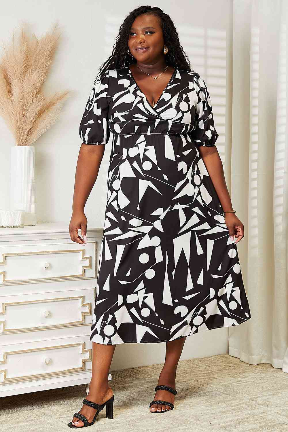 Double Take Printed Surplice Balloon Sleeve Dress-5
