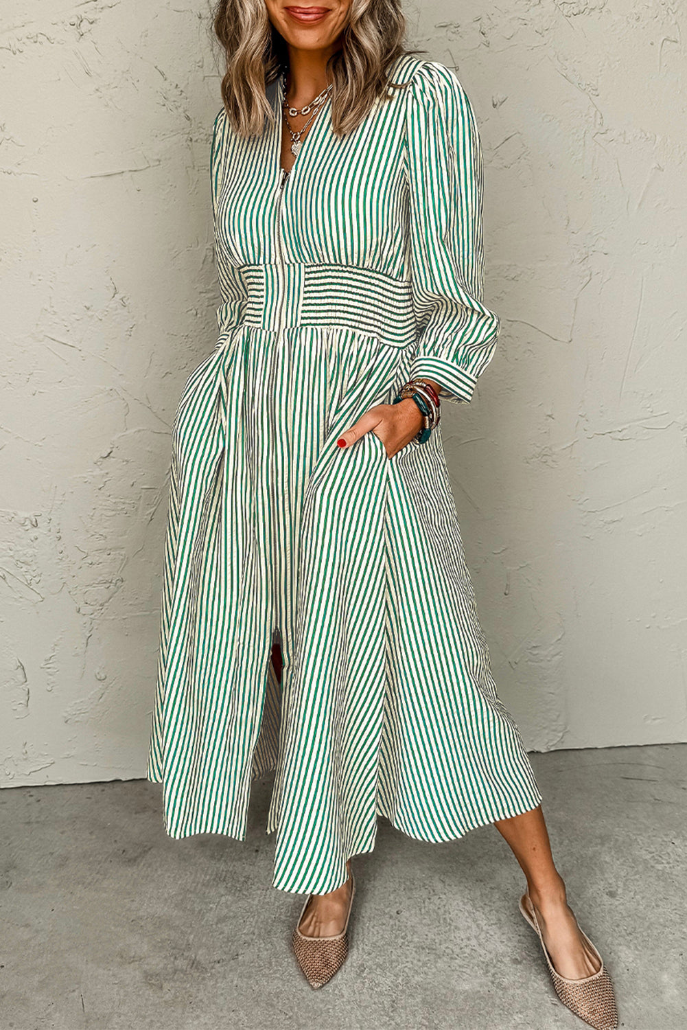 Green Stripe V Neck Zip Front Cinched High Waist Midi Dress