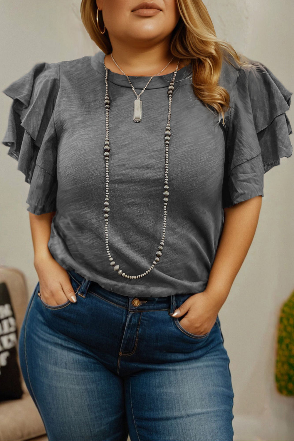 Dark Grey Double Ruffled Short Sleeve Plus Size Top