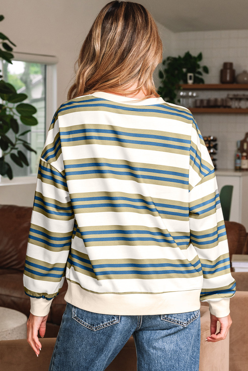 Brown Stripe Crew Neck Drop Shoulder Pullover Sweatshirt