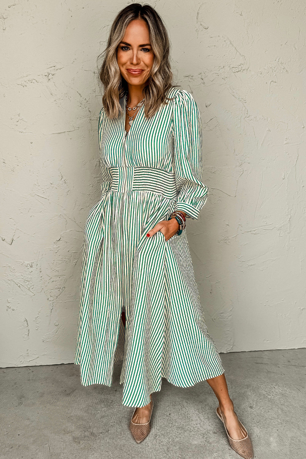 Green Stripe V Neck Zip Front Cinched High Waist Midi Dress