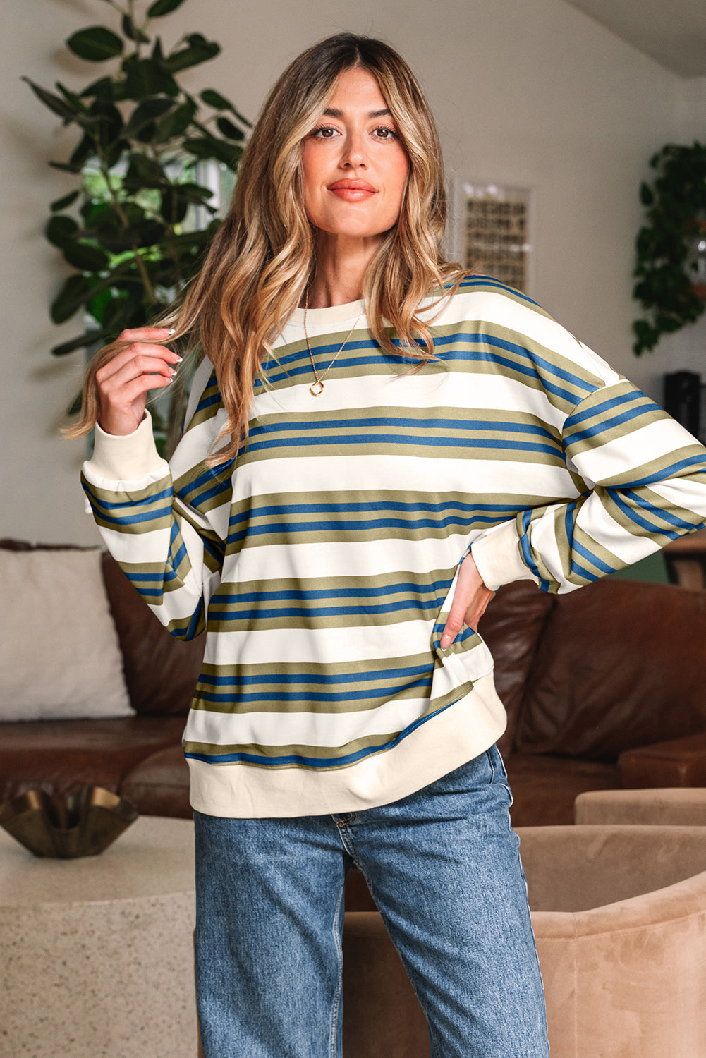 Brown Stripe Crew Neck Drop Shoulder Pullover Sweatshirt