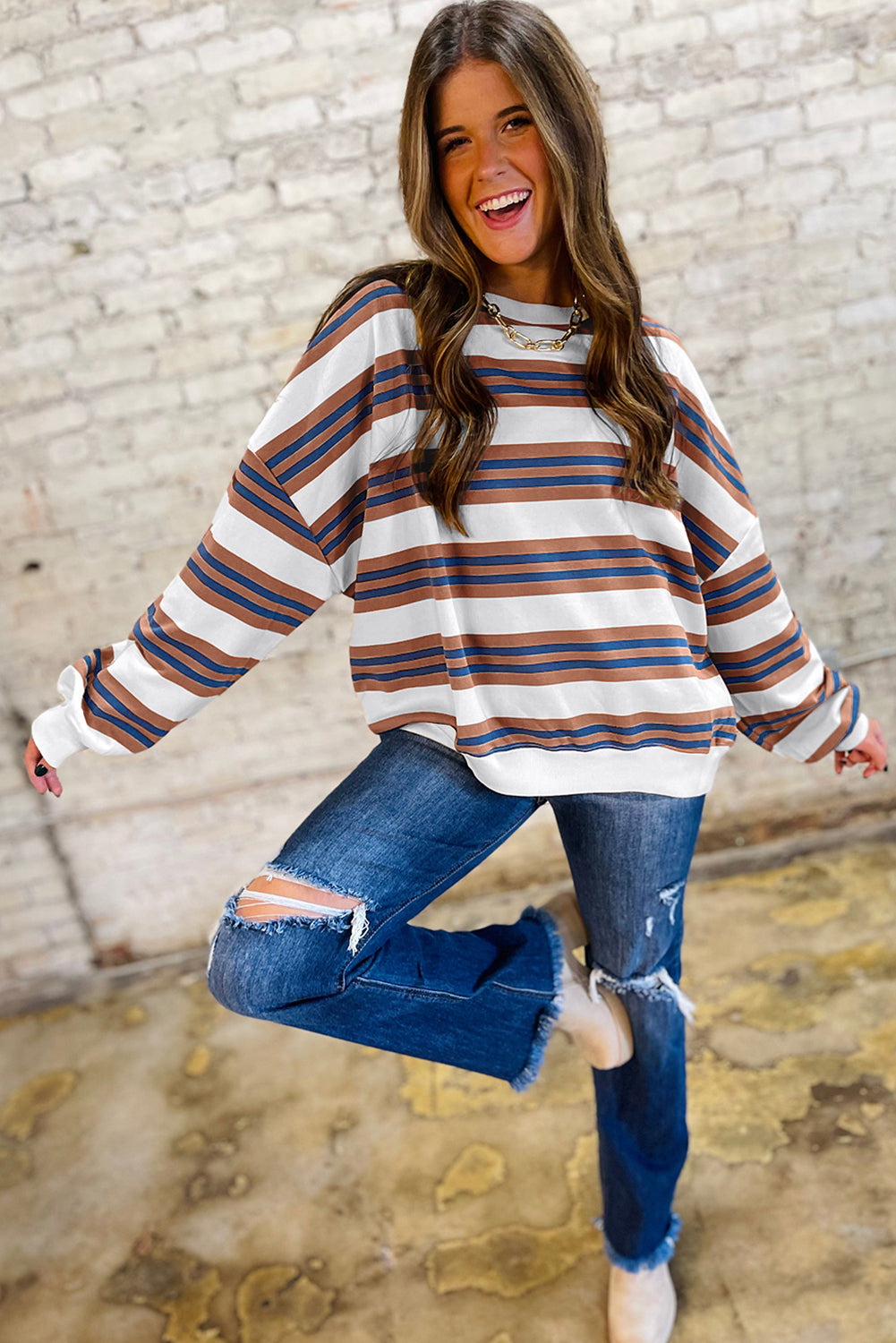 Brown Stripe Crew Neck Drop Shoulder Pullover Sweatshirt